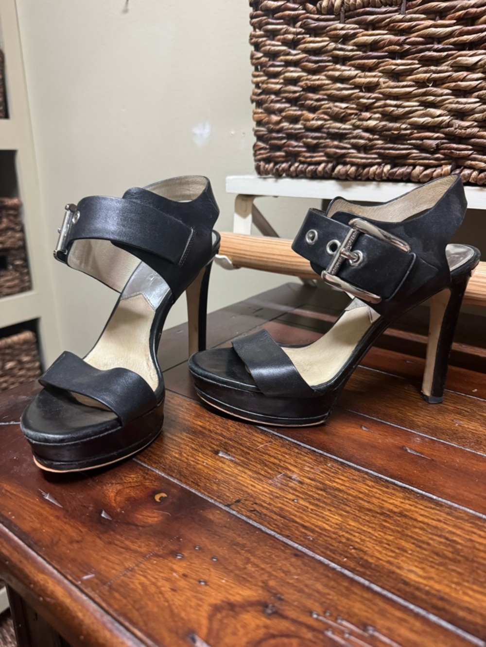 Michael Kors Black Leather Platform Heels - Women's Fashion Sandals - Picture 3 of 7